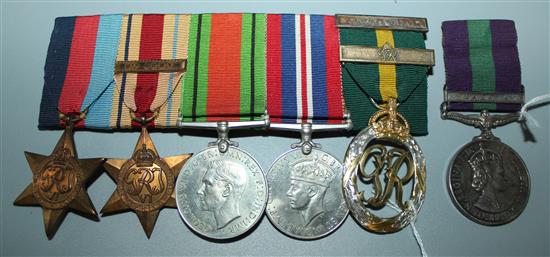 WWII medals, inc 1939-45 star, Africa star, Defence, War & Territorial Efficiency, with QEII GSM & miniature to 2/Lt A F Raikes Som. LI